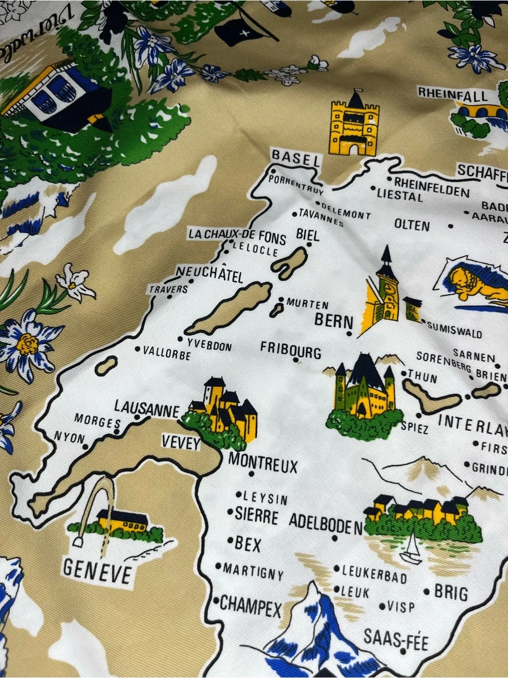 Vintage Map Print Silk Scarf in Navy, Yellow & Green